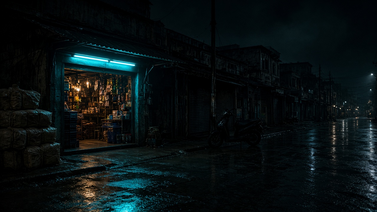 Dhaka shopfront at night